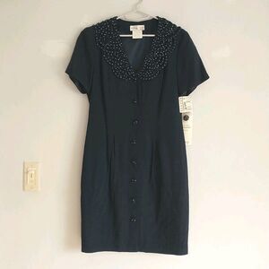 Vtg Lanz Originals Sheath Dress 10P Blue Swiss Dot Retro Peter Pan Collar Button